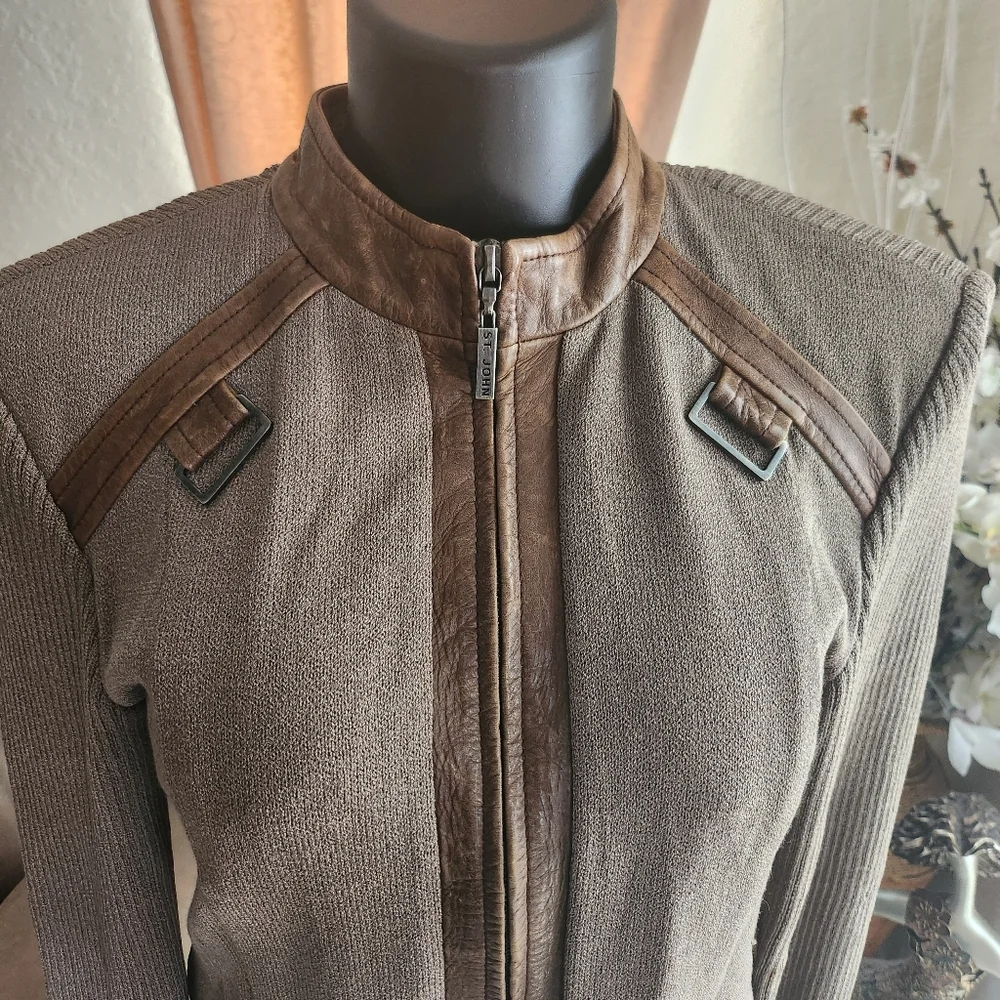St. John Sport Brown Ribbed Leather Trim Zip Jacket size S